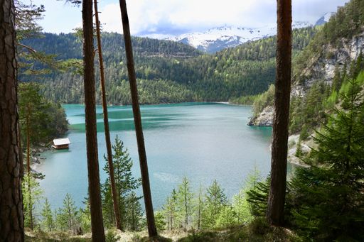 A beautiful scenery of a lake surrounded by fir trees with high rocky mountains in the background