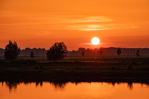 A breathtaking scenery of the sunset reflecting on a lake with a lot of trees on the coast
