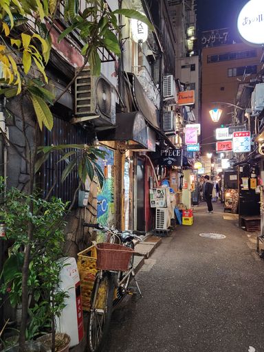 The night view of Golden Gai bar district near Shinjuku, Tokyo, Japan.