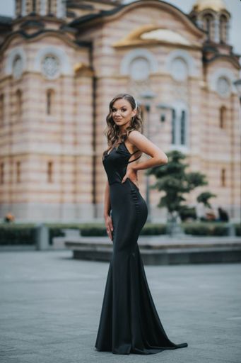 A shallow focus of an elegant Caucasian woman wearing a long black dress outdoors