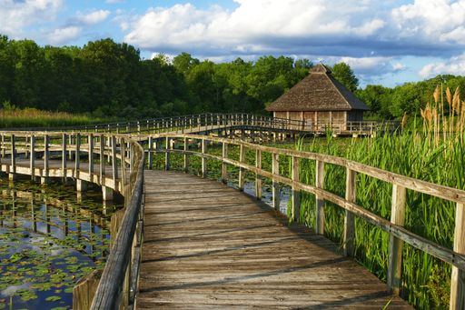 A tranquil wooden boardwalk stretches across a peaceful body of water with a hut in the background