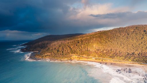 Aerial View of Waves and Beach of Great Ocean Road at Sunset, Victoria, Australia