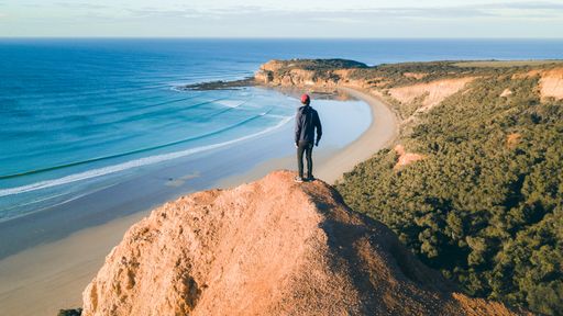 Aerial View of Waves and Beach of Great Ocean Road at Sunset, Victoria, Australia