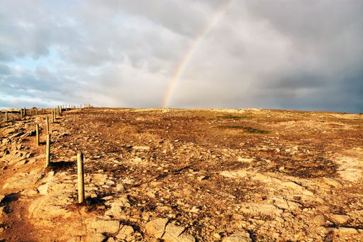 A beautiful rainbow across the dry field in Brittany, France