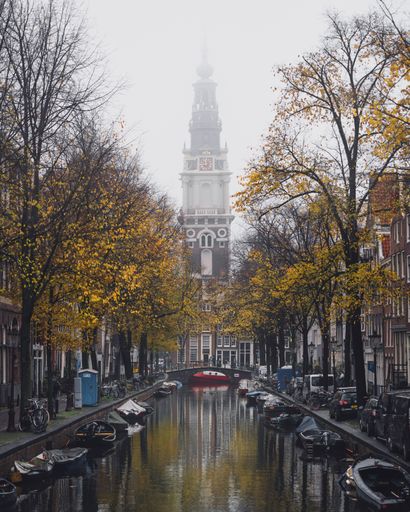 Amsterdam, Netherlands - November 27 2022: The Zuiderkerk Tower in Amsterdam on a foggy autumn morning with golden leaves falling from the trees.