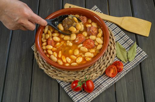 beans with chorizo and blood sausage typical dish from the north of spain