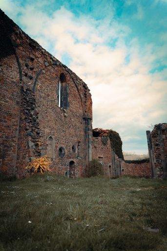A vertical shot of the inner courtyard of an ancient Roman building in ruins