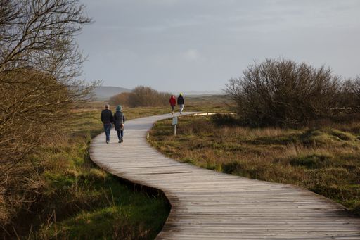 A wooden footpath with people walking on it in a field surrounded by hills under a cloudy sky