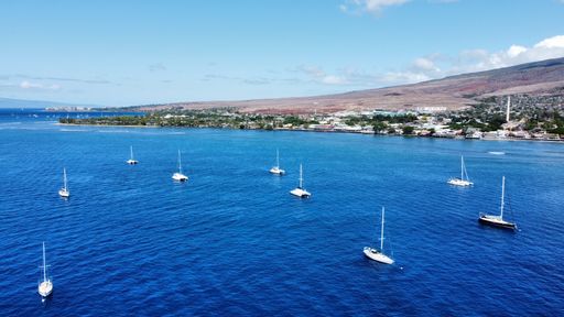 An aerial view of boats sailing in the sea near the shore on a sunny day