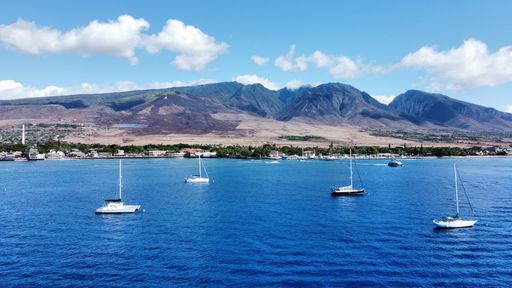 An aerial view of boats sailing in the sea near the shore on a sunny day