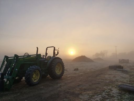 A tractor stands alone in an agricultural field, enveloped in a peaceful fog