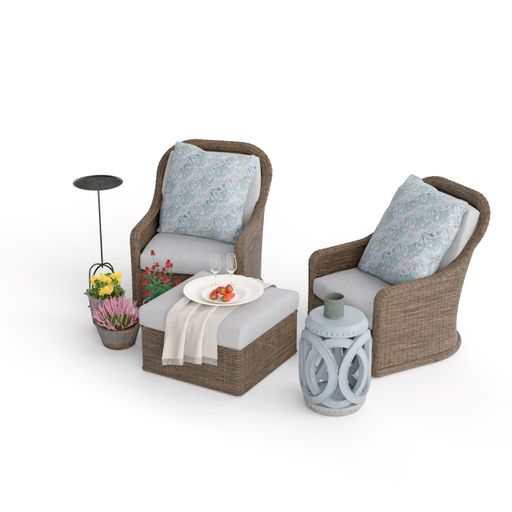 This collection of wicker furniture includes two sizes of chairs and tables, perfect for any outdoor living space