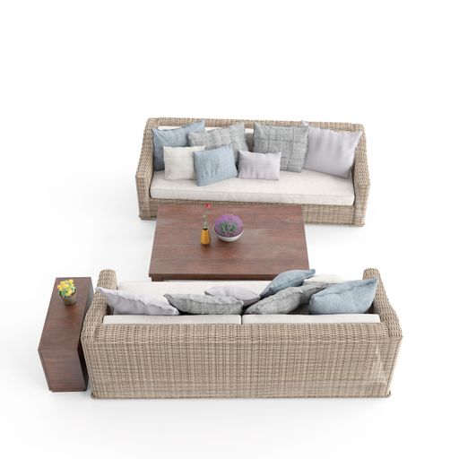 A three-dimensional rendering of a living room setup featuring an upholstered sofa, armchair, and matching coffee table