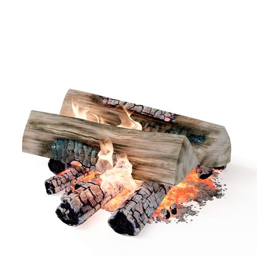 A pile of logs and charcoal burning on a white background