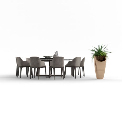 A contemporary dining room setting featuring a wooden table, four matching chairs and a potted plant placed on the side of the room