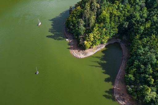 An aerial view of a tranquil lake, surrounded by lush greenery.