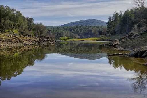 A beautiful view of a mountain lake with green-leafed trees reflected in the water under a cloudy sky