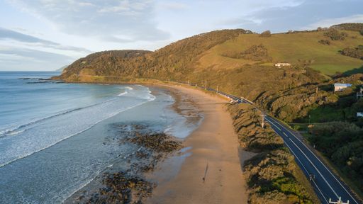Aerial View of Great Ocean Road and BeacLandscape at Sunset, Victoria, Australia
