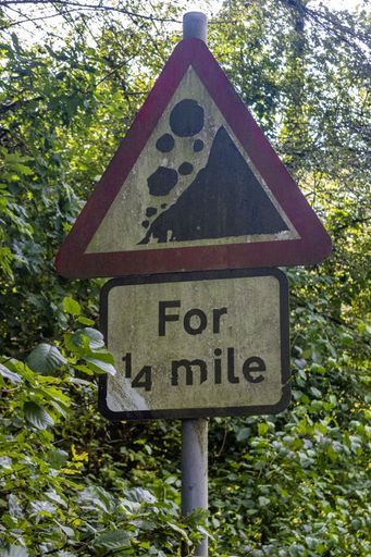 An isolated close-up of a rock with a warning sign warning of falling rock in a forest