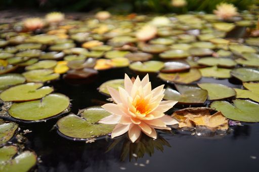 A single yellow lily flower is floating in a tranquil pond surrounded by lush green foliage