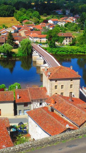 A high angle shot of a a bridge and red roofed buildings along a river