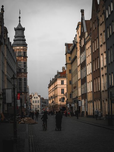 A vertical shot of the street with beautiful old buildings. Gdansk, Poland.