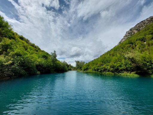 A scenic view of a tranquil river winding through a lush landscape