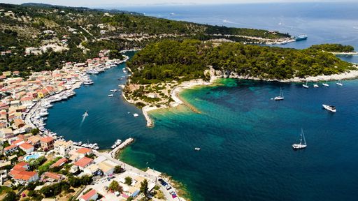 An aerial view of a picturesque marina situated in the heart of a bustling city