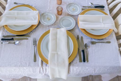 A high angle shot of a wedding table setting