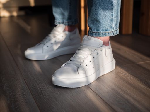 A closeup shot of a woman showing her white shoes in the room