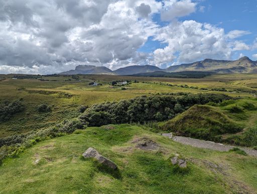 An aerial view of a rocky mountain landscape on the Isle of Skye in Scotland