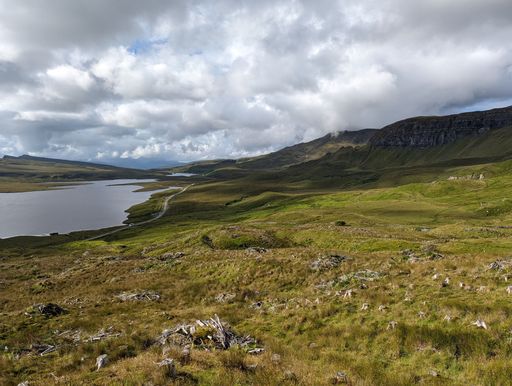 An aerial view of a rocky mountain landscape on the Isle of Skye in Scotland