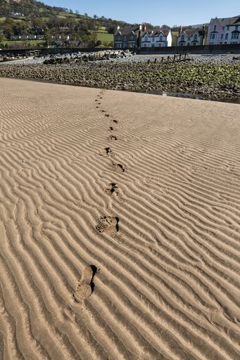 A vertical shot of footprints in the wavy sand near houses