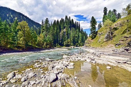 The mesmerizing views of the green landscapes and a river against the cloudy sky in spring