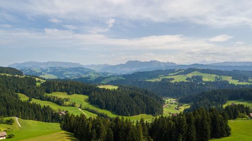 An aerial view of lush green valleys and trees near mountains in Emmental, Switzerland