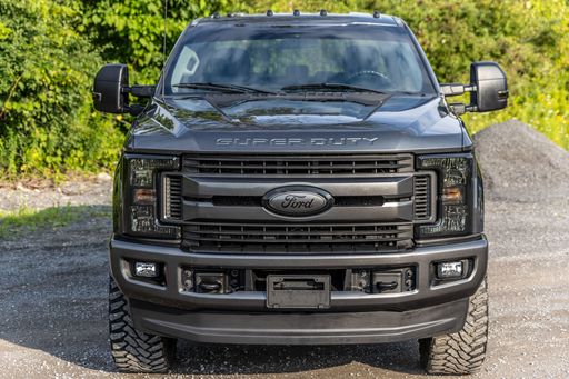 A black Ford pickup truck parked in a lush green grassy field.