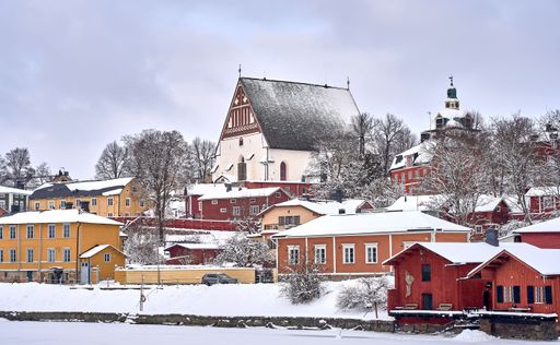 A scenic view of the town of Porvoo covered in snow in Finland