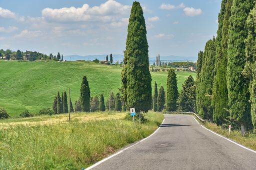 A scenic view of a winding country road cutting through a lush, green valley surrounded by hills and trees