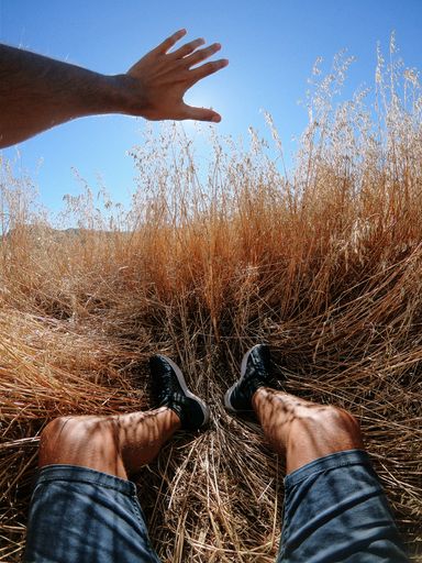 A POV shot of a male sitting on a dry grass with his hand stretching towards the sun