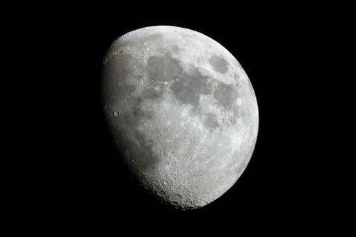 Moonshot of Waxing Gibbous Moon, taken with an 8 inch Newtonian telescope and a dslr, as viewed from Earth in the Northern Hemisphere.