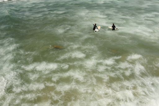A high angle view of two surfers with boards in the sea under the sunlight