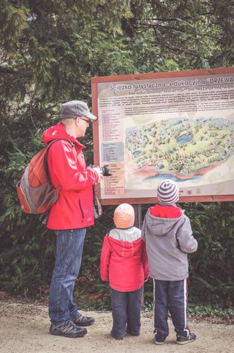 Father with two children looking at a information map at the arboretum park