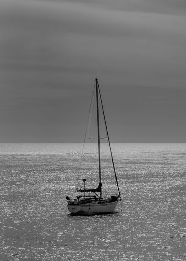An idyllic black and white photo of a solitary sailboat drifting across a tranquil ocean