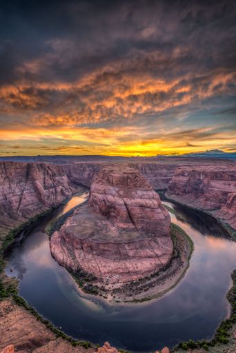 An aerial view of Horseshoe Bend in Arizona at sunset