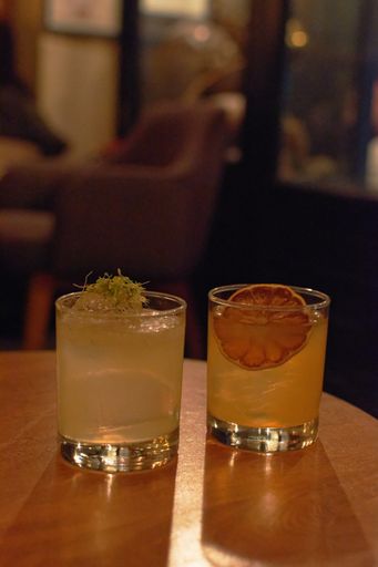 A vertical closeup shot of cocktail drinks in glasses with green garnish and dried lemon