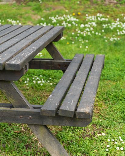 A vertical shot of a wooden table and bench in a garden with green grass and field flowers