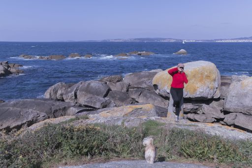 A happy european female leaning on a rock by the coast and talking with her phone