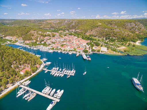 An aerial view of the old town of Skradin at estuary of the Krka river, Croatia