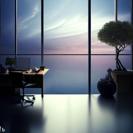 An interior shot of a modern office space from within an office building, featuring a view of the sky and a single tree visible in the distance