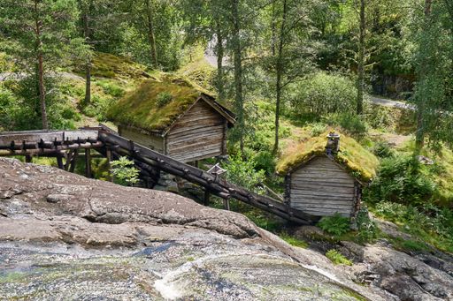 A high angle shot of old water-driven mills near Sudalsporten Viewpoint, Norway